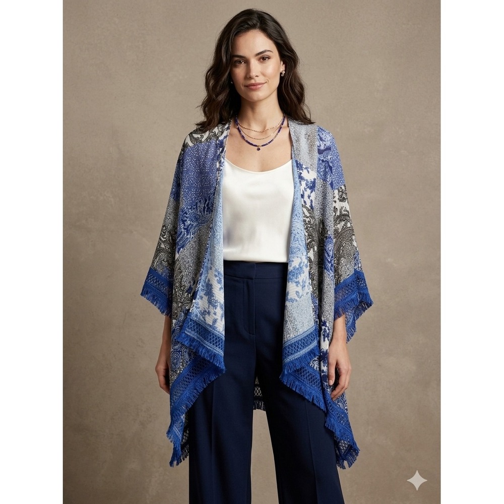 Cato Blue Patchwork Paisley Fringe Kimono Wrap One Size NEW